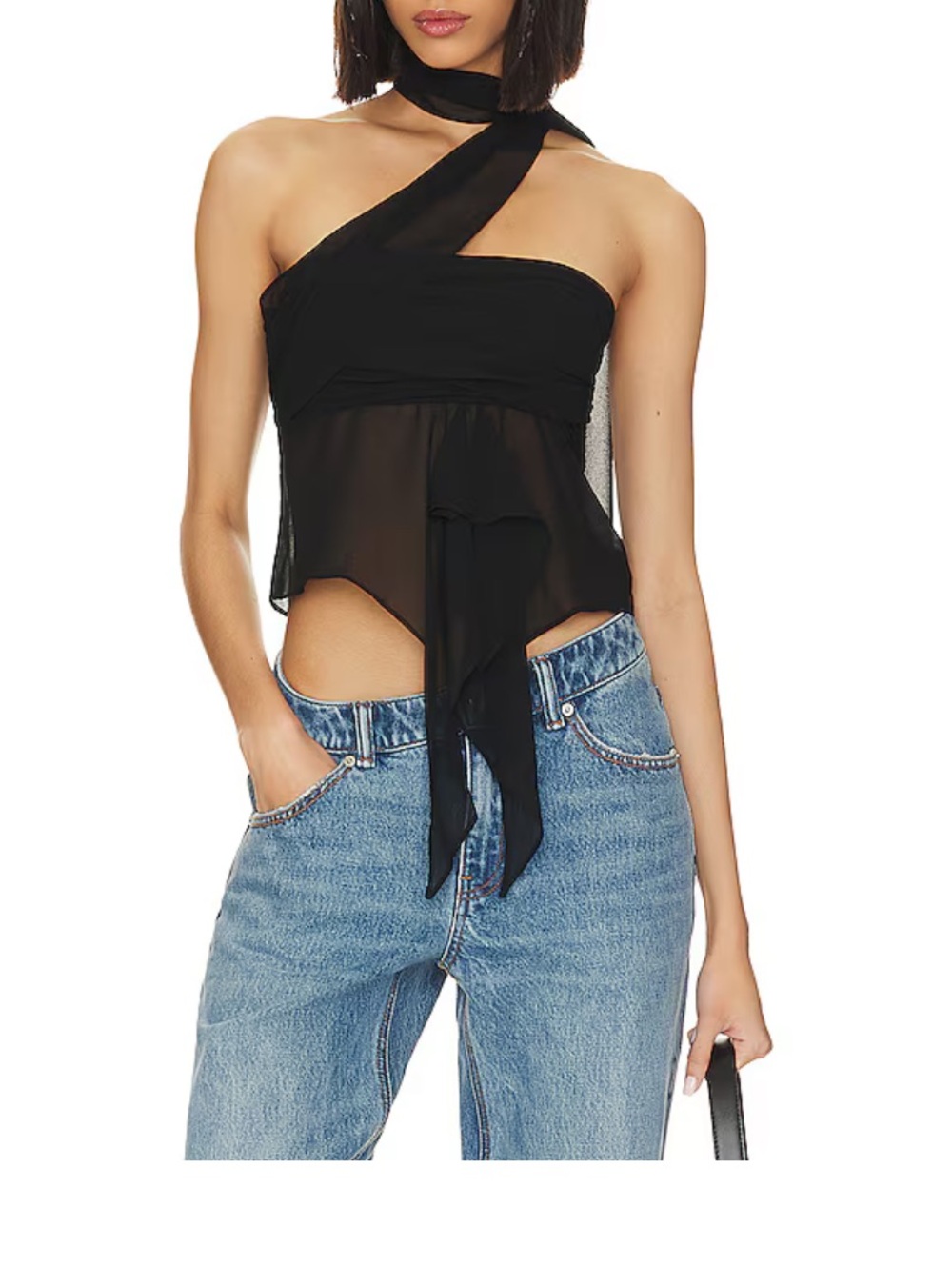Danielle Guizio Black One-Shoulder Chiffon Wrap Top